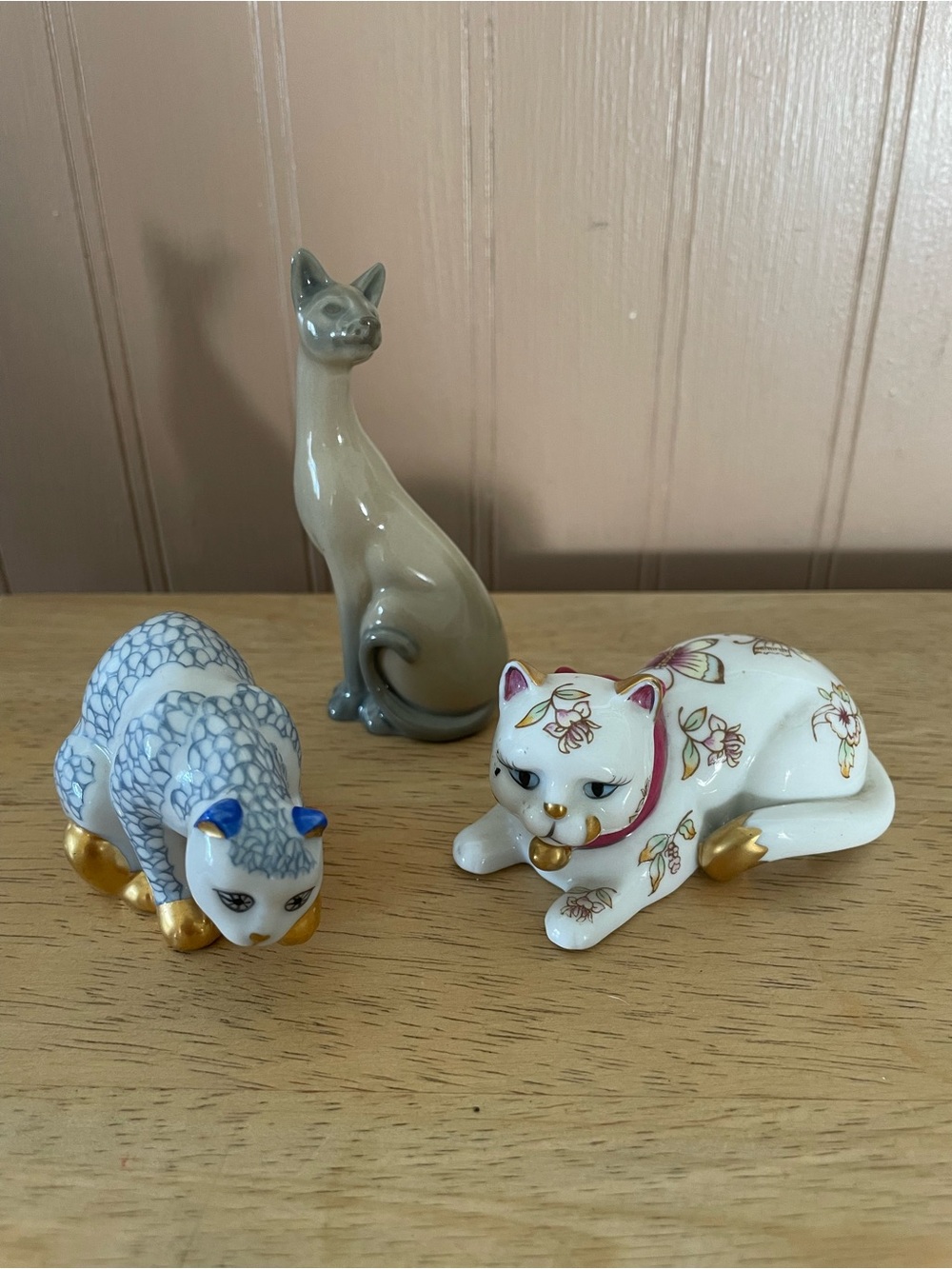 Franklin Mint lot of 3 Curio Cabinet Cats, Siamese, gold accents, floral